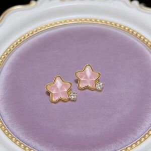 Pink Enamel Star & Crystal Stud Earrings Kawaii Dainty Style